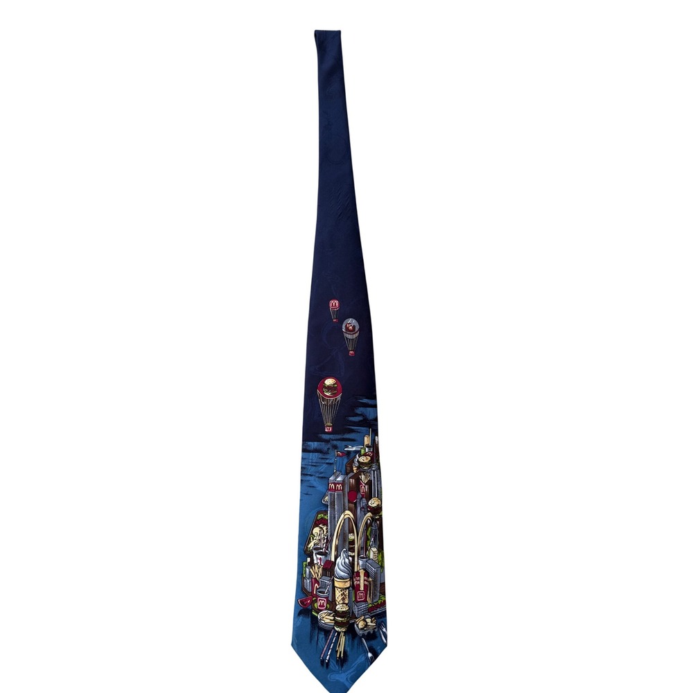 Vintage 1994 McDonalds NYC Twin Towers Skyline Mens Neck Tie Navy Blue MBP